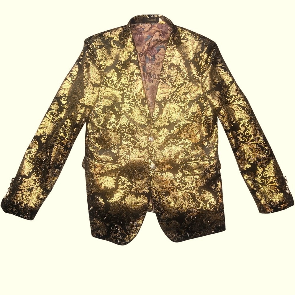Cloudstyle Gold Paisley Tuxedo Blazer Black Prom Dinner Jacket Mens XL